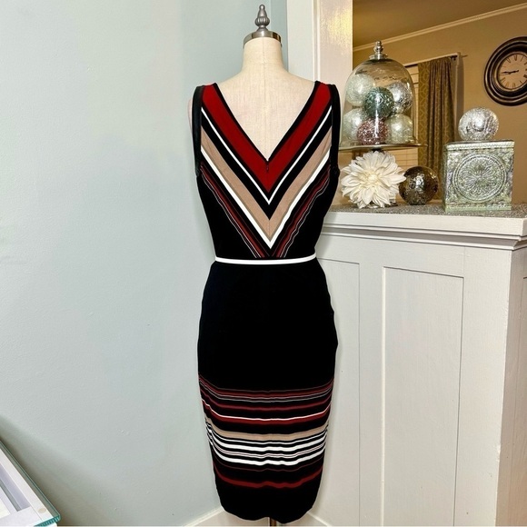 White House Black Market Striped Slimming Sheath Dress Leather Trim 6 Small - Picture 6 of 11